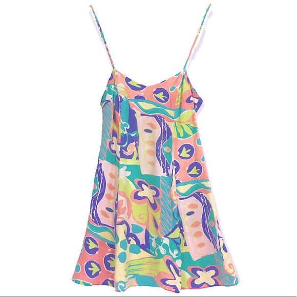 VINTAGE Y2K Multicolor Psychedelic Postmodern Print Rayon Mini Slip Dress - Picture 2 of 7